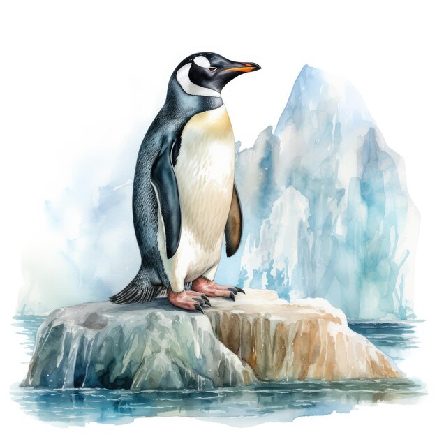 Un delicato pinguino dell'acquerello di incontro in piedi su un iceberg contro uno sfondo sereno