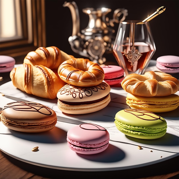 un delizioso assortimento di pasticceria francese che include croissant, amaretti e dolcetti parigini