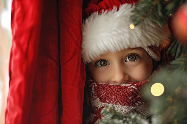 Un delizioso bambino che indossa un cappello da Babbo Natale e gioca a nascondino con un albero di Natale Un bambino che scruta da dietro una tenda per intravedere Babbo Natale AI Generated