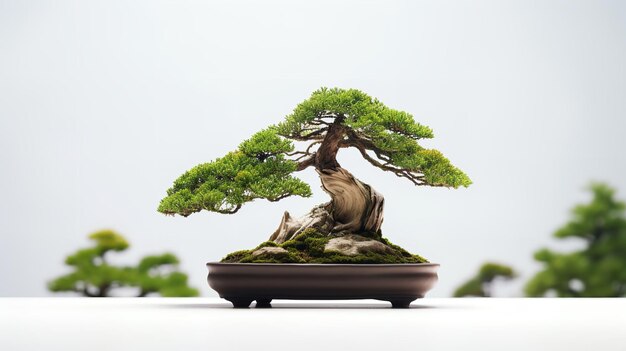 Un delizioso bonsai verde in vaso su sfondo bianco IA generativa