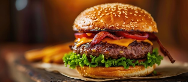 Un delizioso cheeseburger con formaggio fuso e panini croccanti in una ripresa in studio