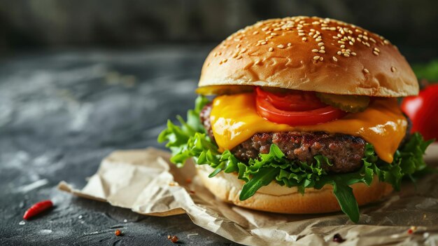 Un delizioso cheeseburger con pomodori freschi e lattuga croccante su carta di cera