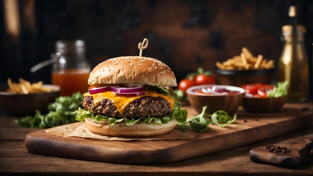 Un delizioso cheeseburger con verdure fresche su un tagliere