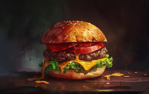 Un delizioso cheeseburger si trova sotto un'illuminazione moody con semi di sesamo sparsi sopra il panino e formaggio che gocciola giù per i lati le texture e i colori degli ingredienti sono vividi e ricchi