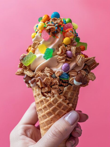 Un delizioso cono di gelato con un sacco di caramelle colorate e cioccolato coperto