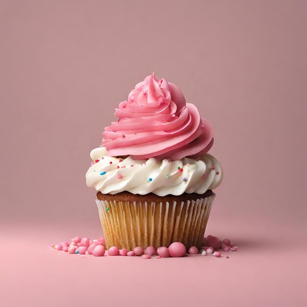 Un delizioso cupcake alla vaniglia e alla fragola con la glassa rosa sopra.