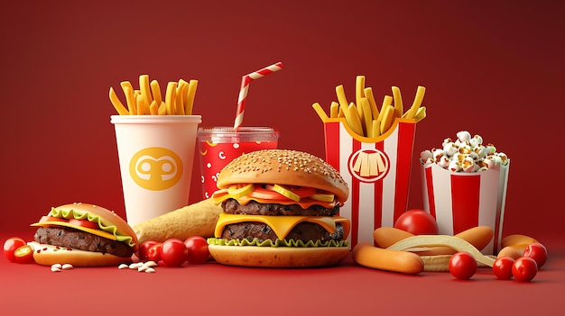 Un delizioso e appetitoso pasto fast food che include un hamburger fritto, popcorn per hotdog e una bevanda analcolica