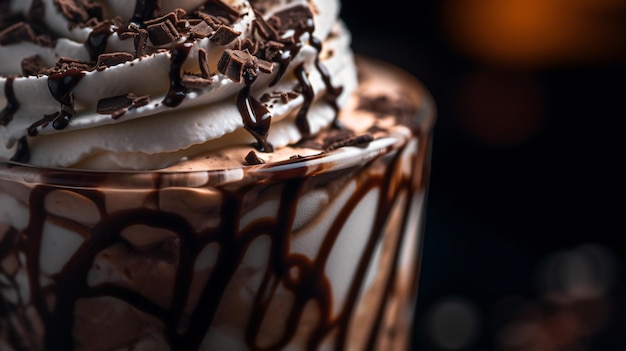 un delizioso frappè al cioccolato con panna montata e un filo di cioccolato