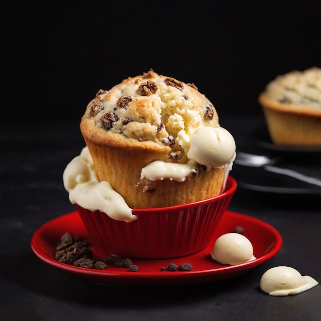 un delizioso gelato di cupcake su una ciotola rossa su uno sfondo nero