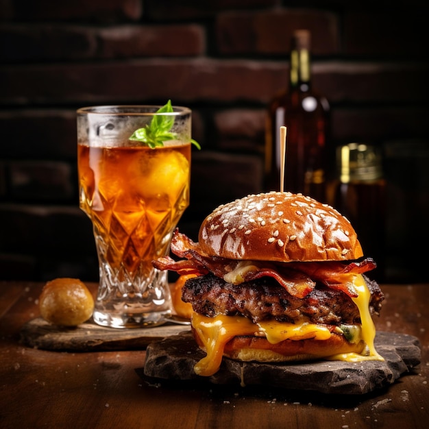 un delizioso hamburger a tre carni con pancetta e formaggio giallo accompagnato da un bicchiere di whiskey sul