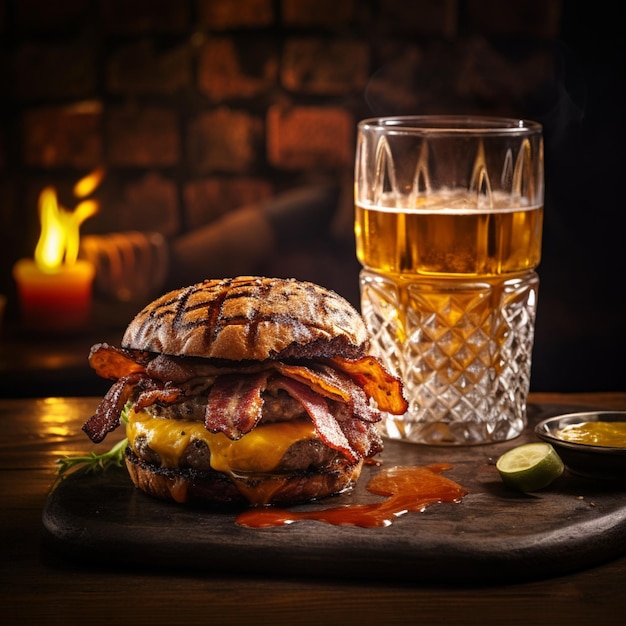 un delizioso hamburger a tre carni con pancetta e formaggio giallo accompagnato da un bicchiere di whiskey sul