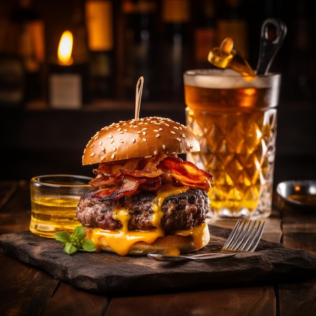 un delizioso hamburger a tre carni con pancetta e formaggio giallo accompagnato da un bicchiere di whiskey sul