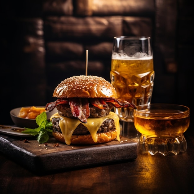 un delizioso hamburger a tre carni con pancetta e formaggio giallo accompagnato da un bicchiere di whiskey sul