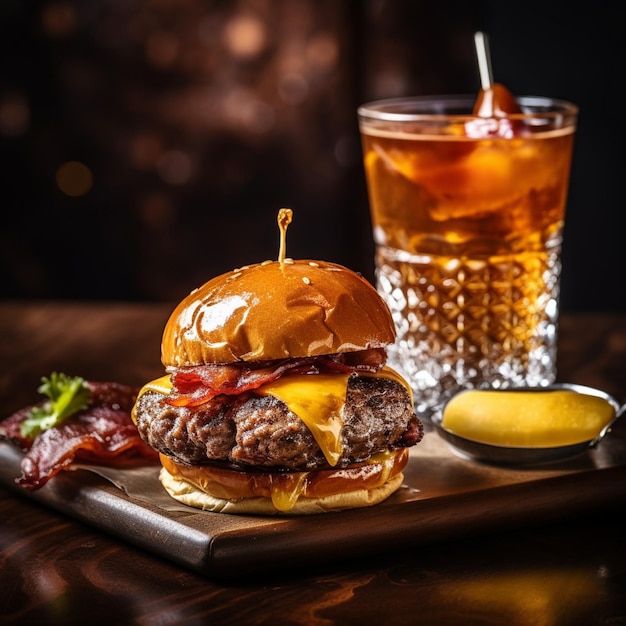 un delizioso hamburger a tre carni con pancetta e formaggio giallo accompagnato da un bicchiere di whiskey sul