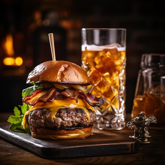 un delizioso hamburger a tre carni con pancetta e formaggio giallo accompagnato da un bicchiere di whiskey sul