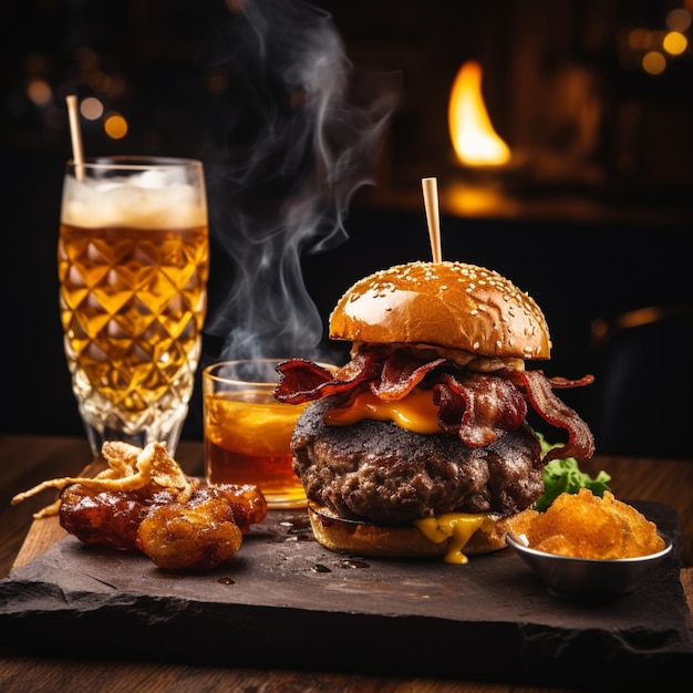 un delizioso hamburger a tre carni con pancetta e formaggio giallo accompagnato da un bicchiere di whiskey sul