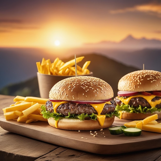 un delizioso hamburger a tripla carne con formaggio giallo accompagnato da un hamburger di manzo spesso con formaggio on the Rocks