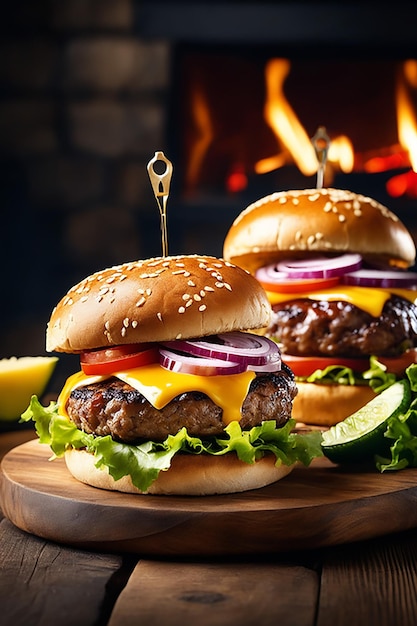 un delizioso hamburger a tripla carne con formaggio giallo accompagnato da un hamburger di manzo spesso con formaggio on the Rocks
