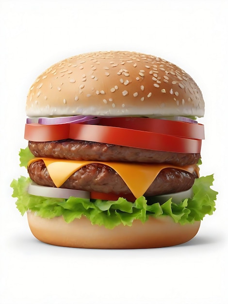 Un delizioso hamburger con molti ingredienti su uno sfondo bianco.