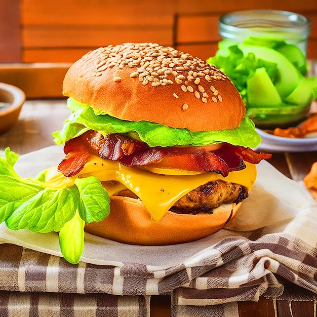 Un delizioso hamburger con una generosa quantità di formaggio coperto di pancetta croccante e fetta di avocado