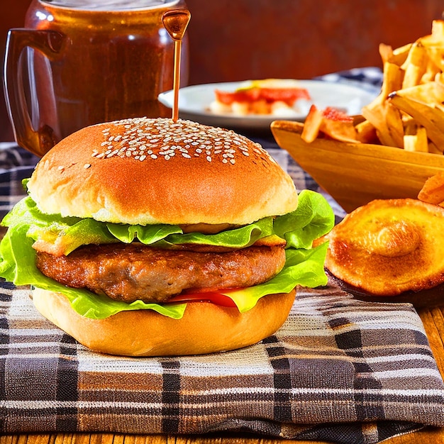 Un delizioso hamburger con una generosa quantità di formaggio coperto di pancetta croccante e fetta di avocado