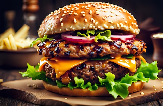 Un delizioso hamburger fresco un succulento hamburger americano un gustoso cheeseburger succoso