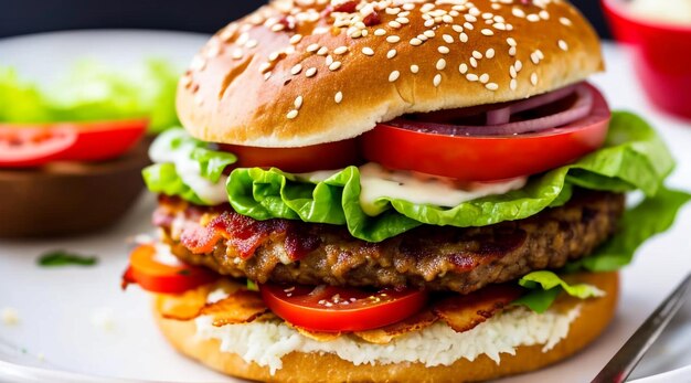 un delizioso hamburger su un panino di semi di sesamo soffice