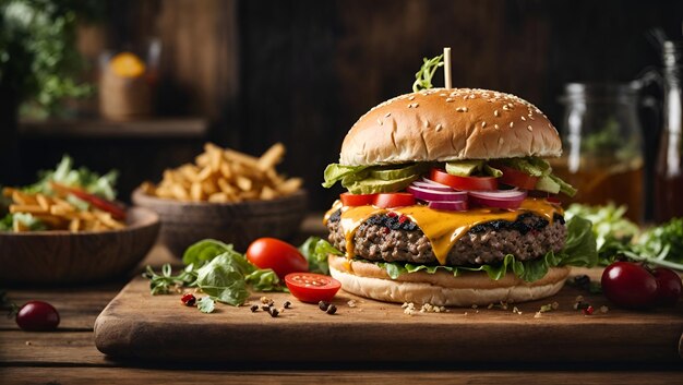 Un delizioso hamburger su un tagliere di legno rustico