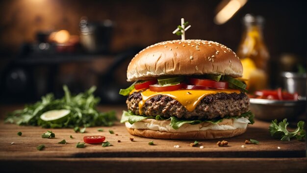 Un delizioso hamburger su un tavolo di legno rustico