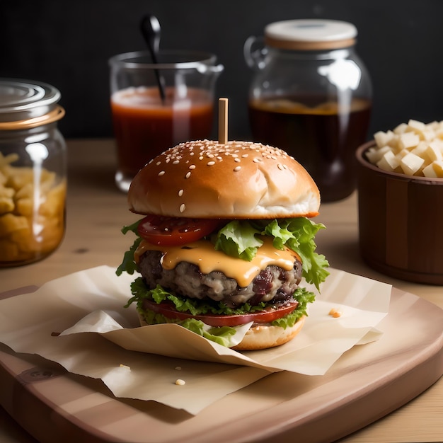 Un delizioso hamburger succoso con carne e formaggio