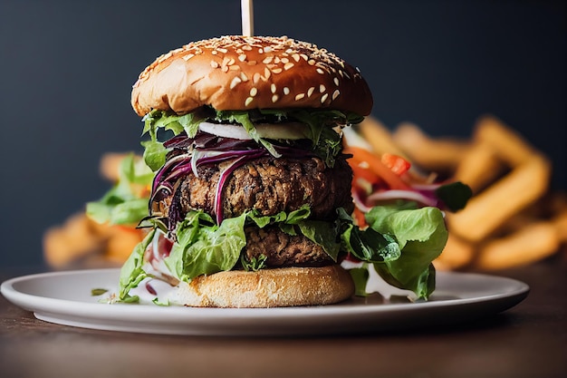 Un delizioso hamburger vegano sul piatto sul tavolo cibo vegano sano