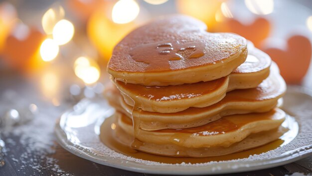 Un delizioso mucchio di pancake a forma di cuore è perfetto per una dolce colazione di San Valentino