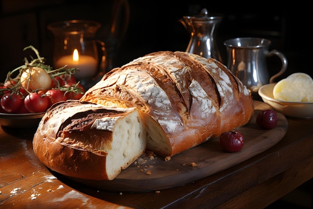 Un delizioso pane appena cotto e croccante sul tavolo.