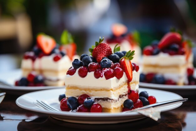 Un delizioso pezzo di torta adornato con bacche vivaci e succose perfetto per indulgere in una dolce beatitudine dolci e gustose torte con bacche e crema su un tavolo da dessert a una festa di nozze AI generato