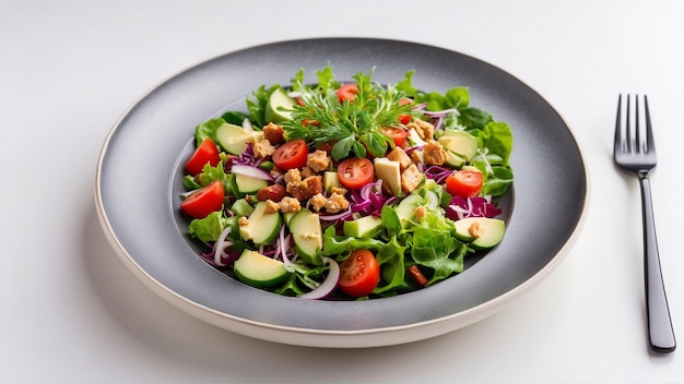 Un delizioso piatto di insalata su uno sfondo bianco