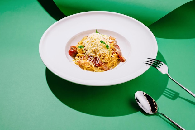 Un delizioso piatto di pasta cremosa coperto di formaggio e pomodori cherry su uno sfondo verde vivace