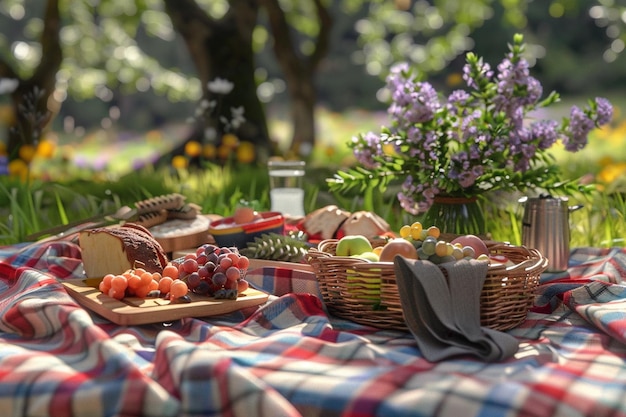 Un delizioso picnic su una coperta a scacchi