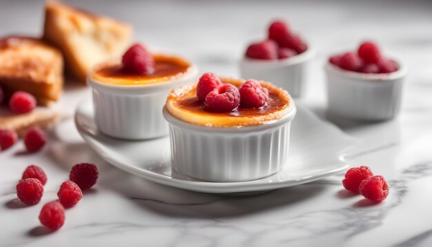 un delizioso pudding con lamponi su un tavolo di marmo bianco