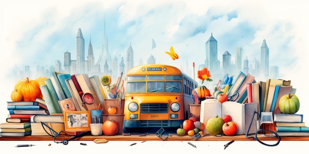 Un delizioso sfondo di ritorno a scuola con un'illustrazione ad acquerello di un autobus scolastico circondato da libri matite e altre forniture scolastiche