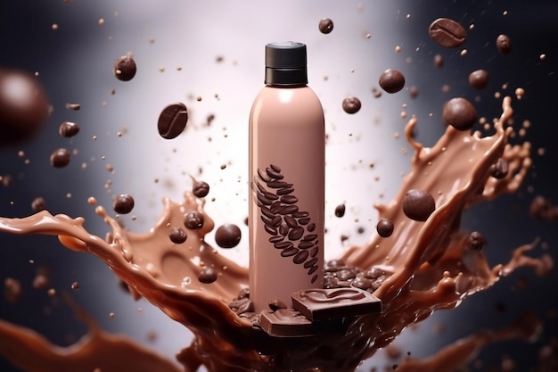 Un delizioso shampoo rinfrescante con gocce di cioccolato sullo sfondo di oggetti volanti