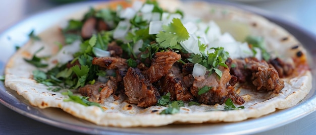 Un delizioso taco con carne alla griglia, cipolle tritate e cilantro fresco su una superficie rustica.