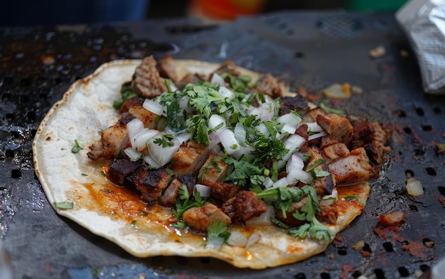 Un delizioso taco con carne alla griglia, cipolle tritate e cilantro fresco su una superficie rustica.