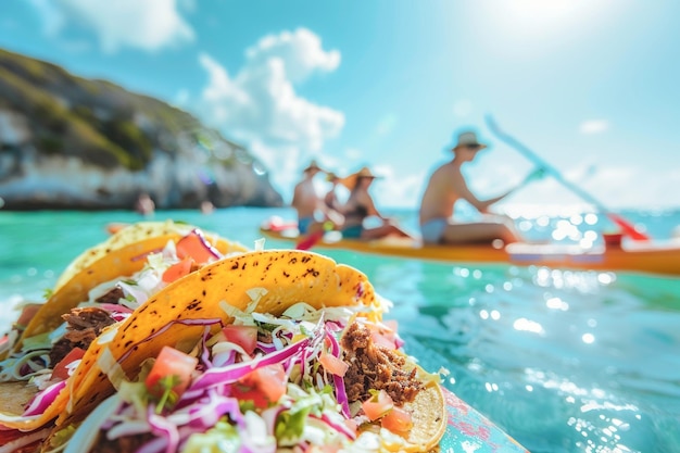 Un delizioso taco diffuso su una tavola SUP a paddle in piedi cibo messicano per pranzo all'aperto sulla spiaggia