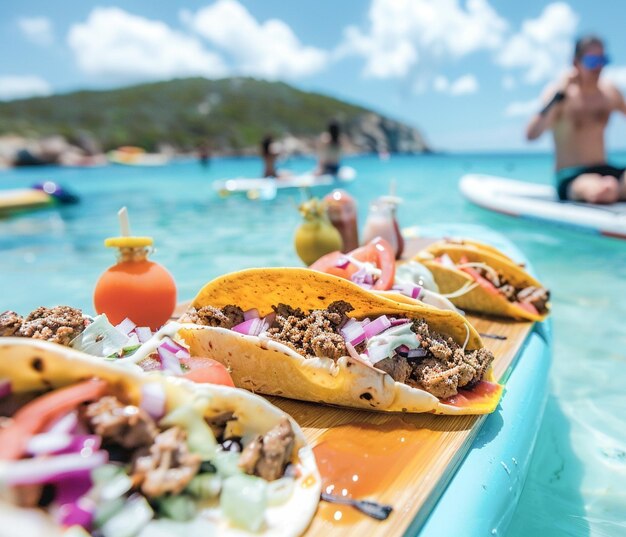 Un delizioso taco diffuso su una tavola SUP a paddle in piedi cibo messicano per pranzo all'aperto sulla spiaggia