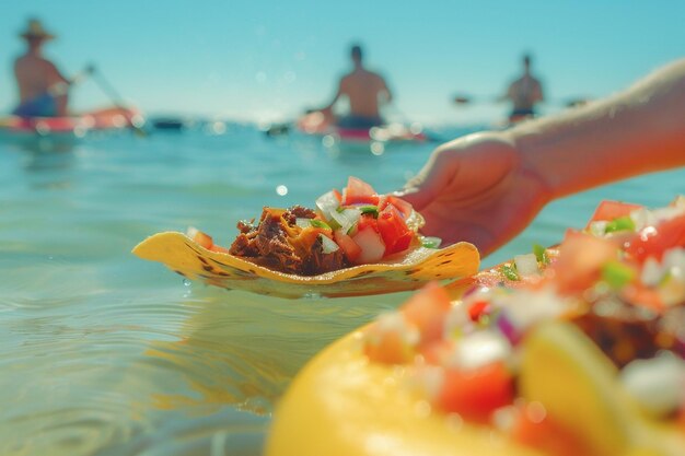 Un delizioso taco diffuso su una tavola SUP a paddle in piedi cibo messicano per pranzo all'aperto sulla spiaggia