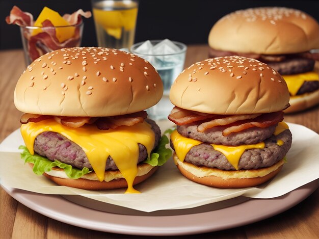 un delizioso triplo hamburger di carne con pancetta e formaggio giallo
