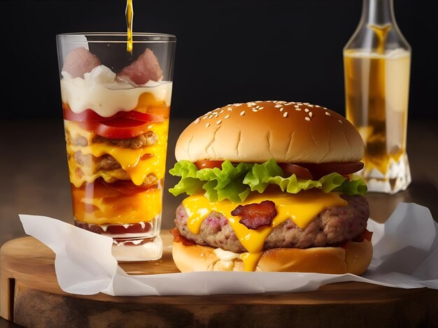 un delizioso triplo hamburger di carne con pancetta e formaggio giallo