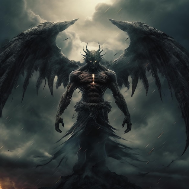 Un demone con le ali e una croce bianca sul petto è in piedi su una collina.