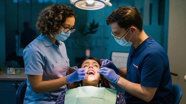 Un dentista e un'infermiera trattano un paziente in un ufficio dentistico