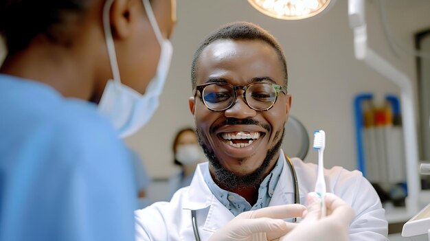 Un dentista felice con uno spazzolino da denti e sorridendo al suo paziente Il paziente è seduto sulla sedia dentale e sta anche sorridendo